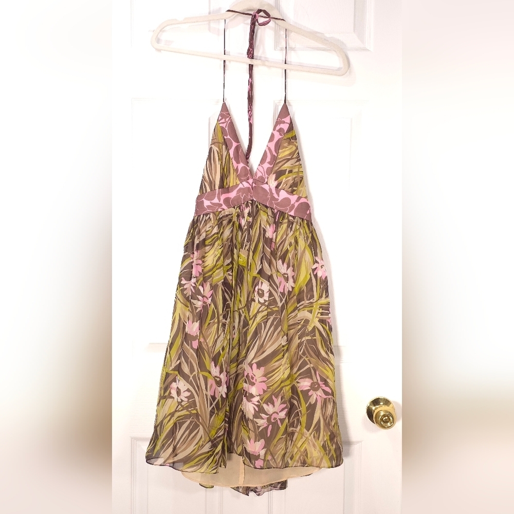 Milly NY Vtg 100% Silk Floral Green Pink Mini Dress - Perfect Condition - Size 2